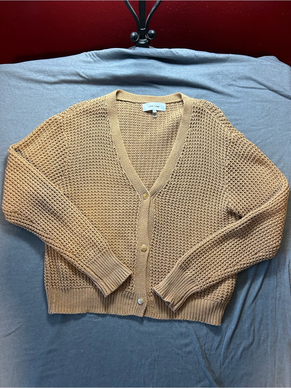John + Jenn Light Brown Open-Knit V-Neck Cardigan 100% Cotton
